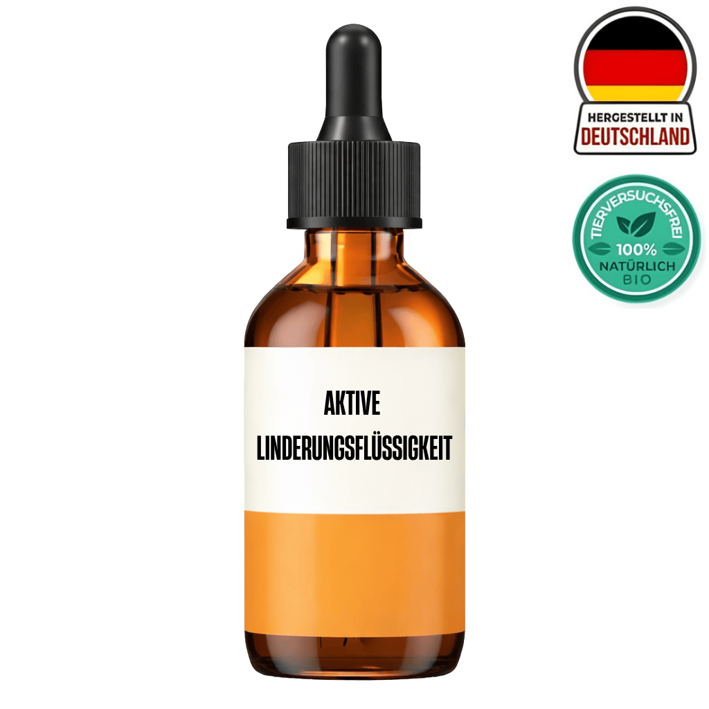 Aktive Linderungsflüssigkeit in brauner Flasche mit Pipette, hergestellt in Deutschland, 100% natürlich, bio.