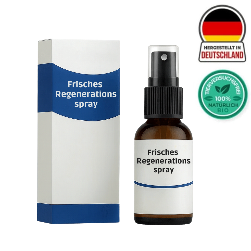 Frisches Regenerations Spray in brauner Flasche mit weißer Box, hergestellt in Deutschland, für Hautpflege.