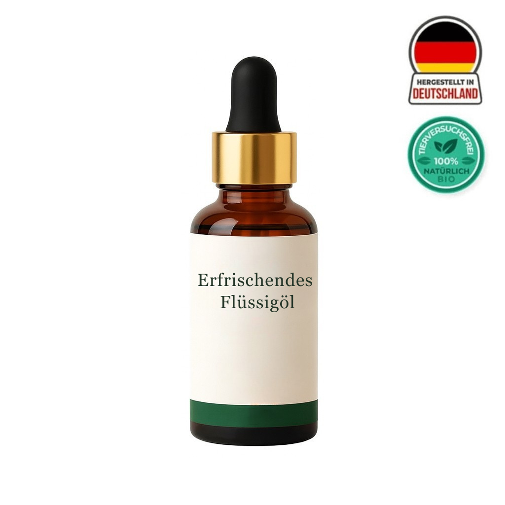 Erfrischendes Flüssigöl in einer braunen Glasflasche mit Tropfverschluss, hergestellt in Deutschland.