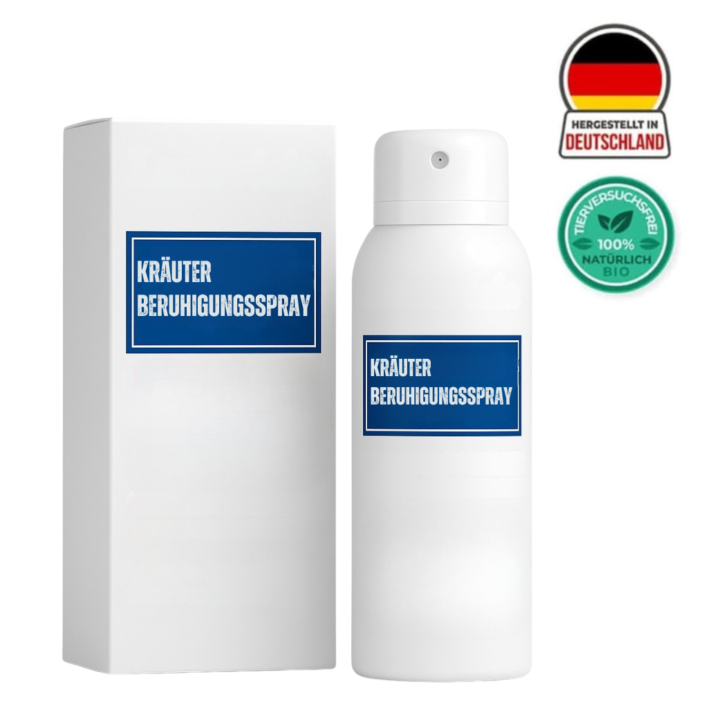 Kräuter Beruhigungsspray in einer weißen Sprühflasche mit Verpackung für natürliche Hautpflege.