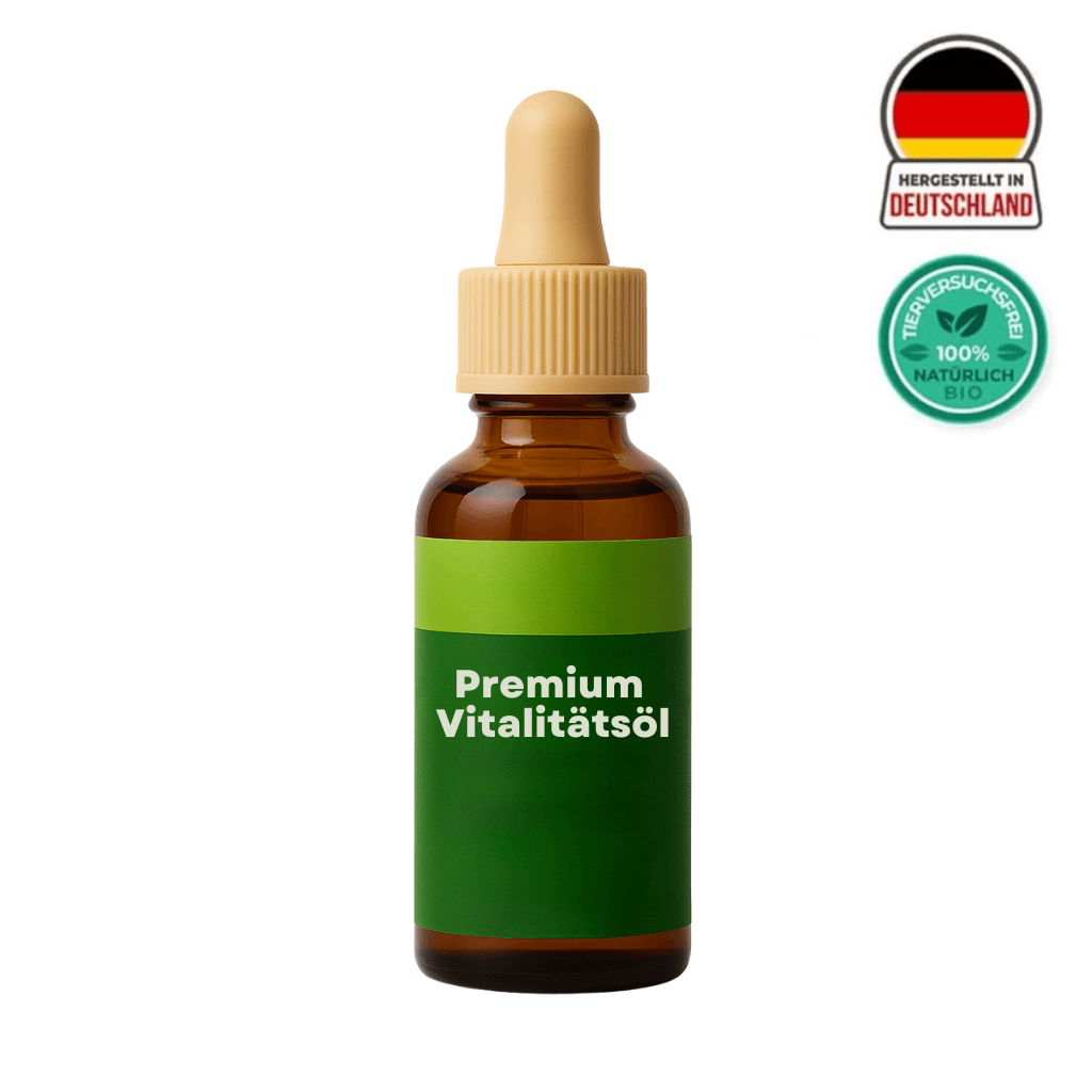 Flasche mit Premium Vitalitätsöl, hergestellt in Deutschland, 100% natürliche Inhaltsstoffe, für frische Hautpflege.