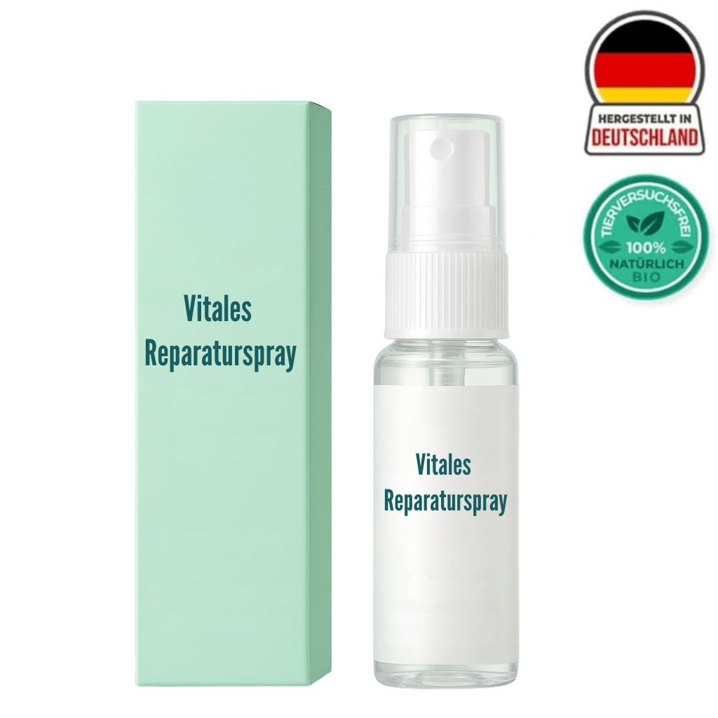 Vitales Reparaturspray in einer transparenten Flasche mit grüner Verpackung, hergestellt in Deutschland.