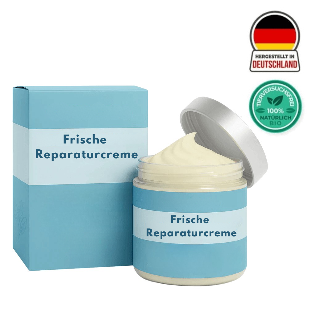 Frische Reparaturcreme in einem Glasbehälter mit Deckel und Verpackung, hergestellt in Deutschland.