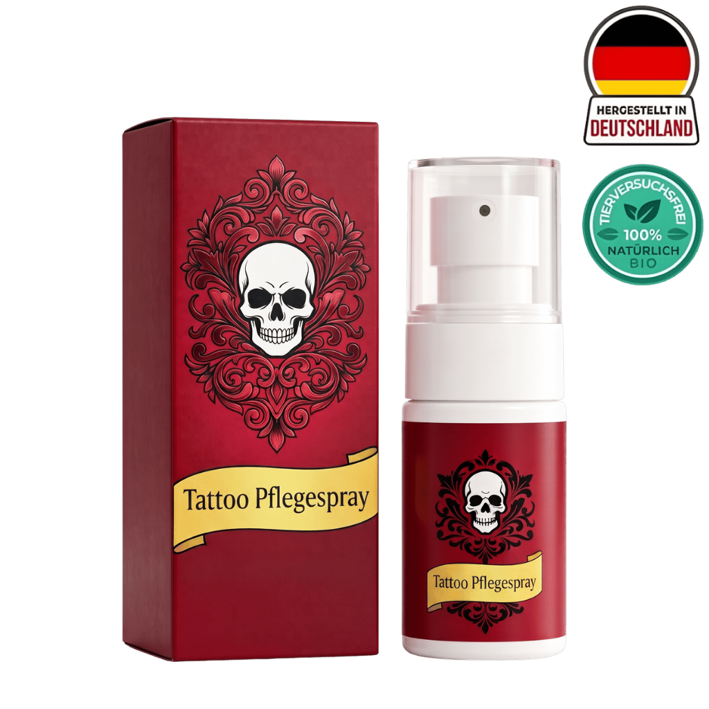 Tattoo Pflegespray in edler Verpackung mit Totenkopf-Motiv, ideal für die Pflege tätowierter Haut.