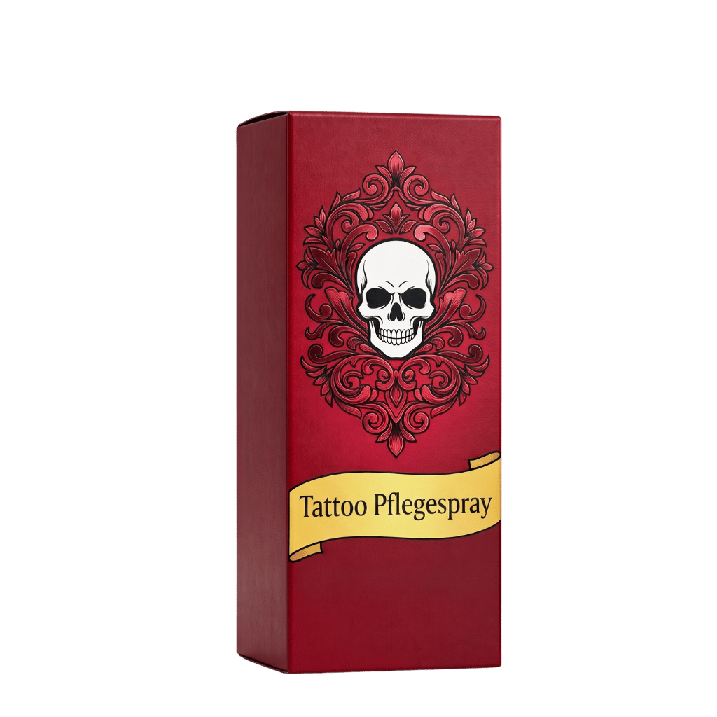 Verpackung des Tattoo Pflegespray mit Totenkopf-Design für die Pflege tätowierter Haut.