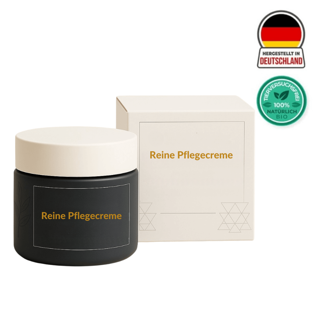 Reine Pflegecreme in einem eleganten schwarzen Jar mit Verpackung, hergestellt in Deutschland, 100% natürlich bio.