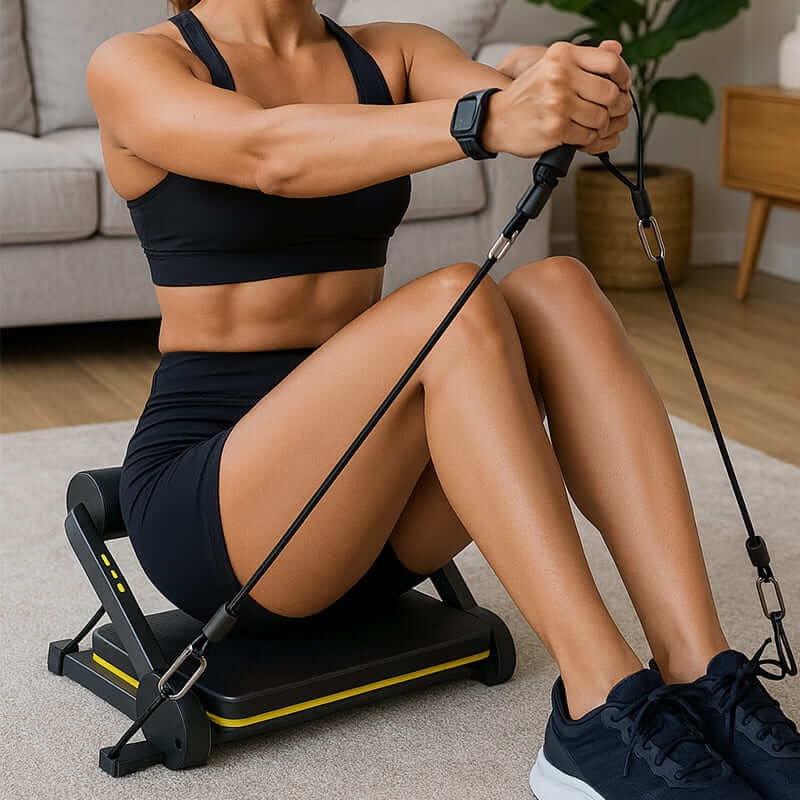 Medivita KraftFlex Bar – Frau macht Ganzkörpertraining mit Widerstandsbändern und Trainingsstange in der Wohnung.