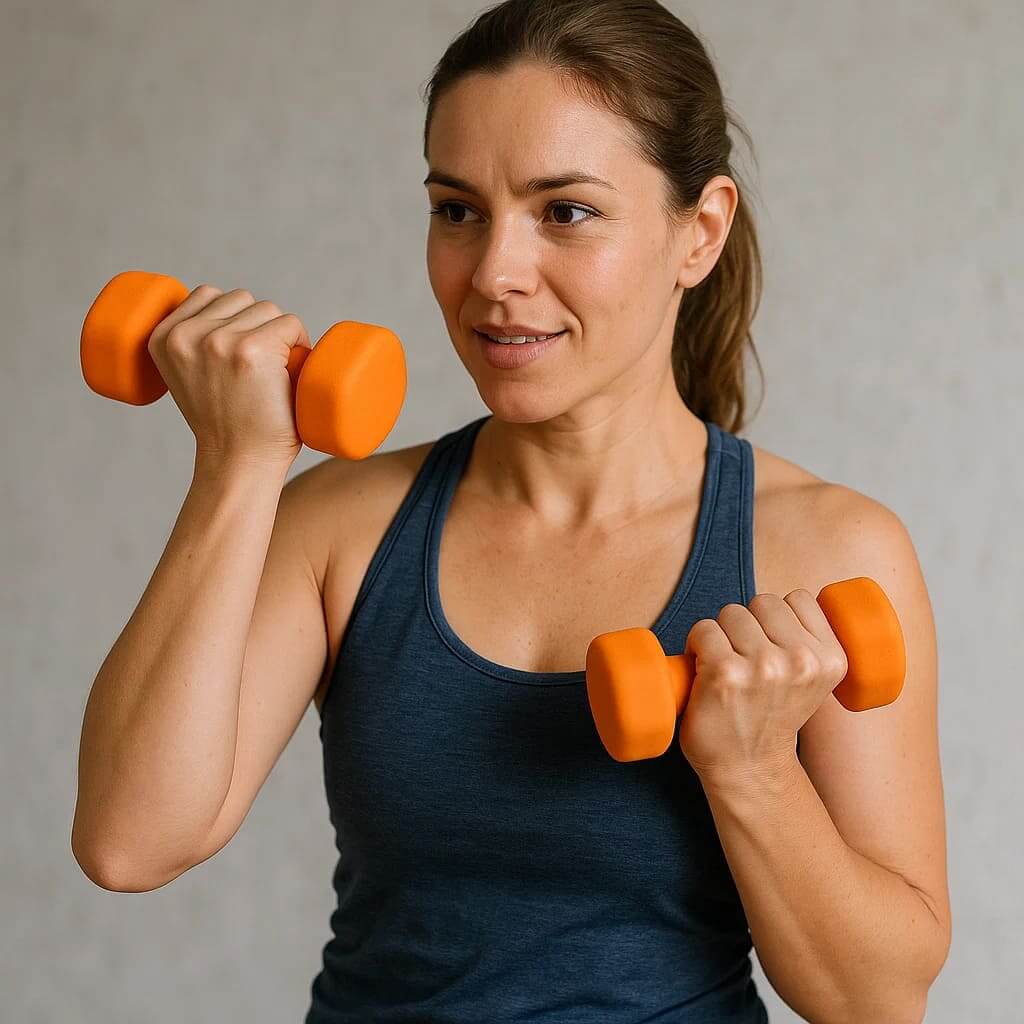 Frau mit Medivita StabiFit Duo Neopren-Hanteln für Krafttraining zuhause.