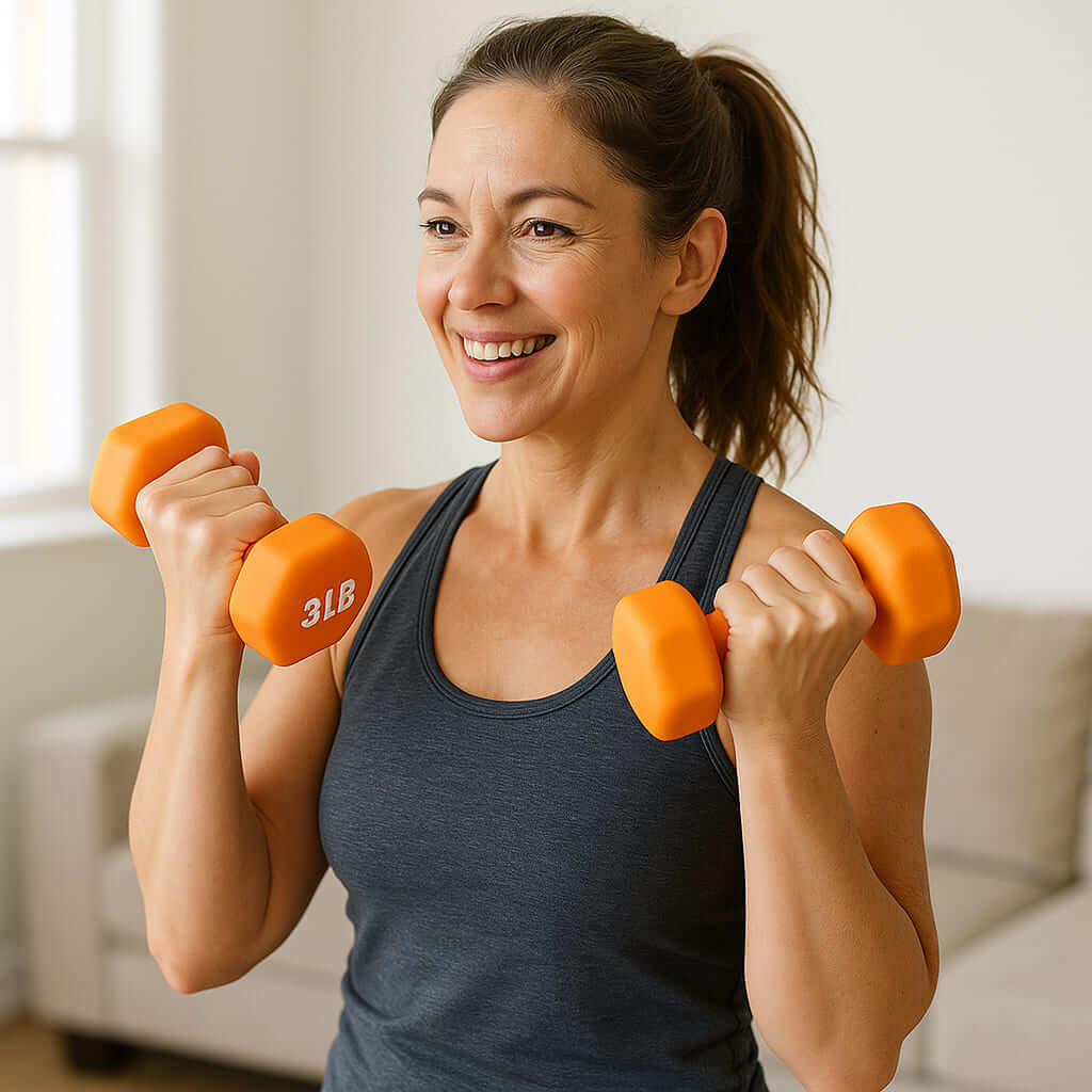 Medivita StabiFit Duo – Frau mit Neopren-Hanteln beim Krafttraining zuhause
