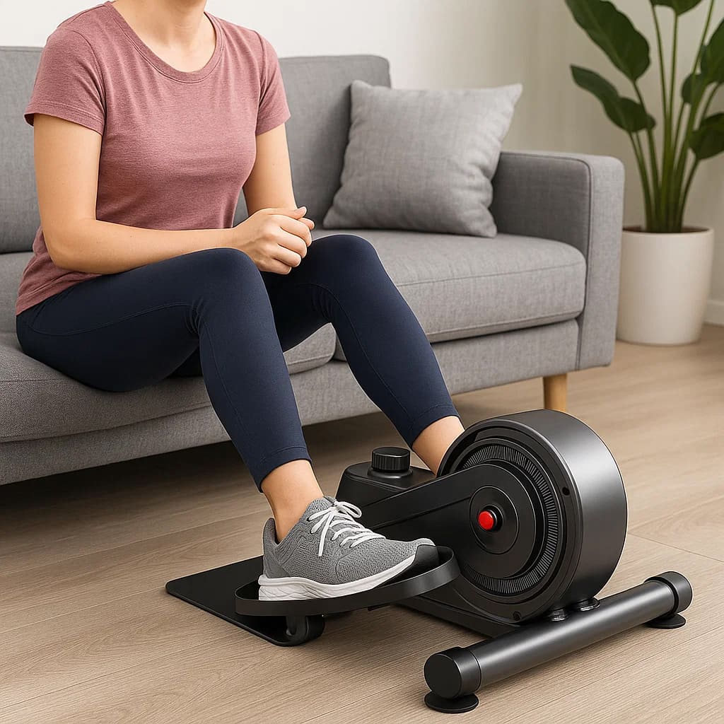 Frau nutzt den Medivita FlexiTritt Pro als Ellipsentrainer beim Entspannen auf dem Sofa.