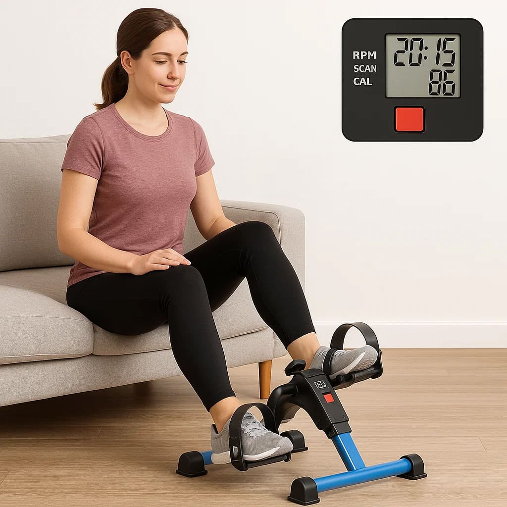 Frau trainiert mit Medivita FlexBänder Set auf einem Heimtrainer für effektives Workout.