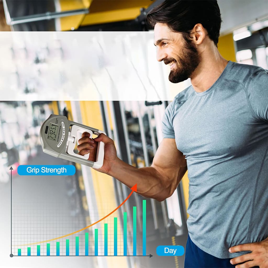 Medivita GripVital im Einsatz zur Messung der Griffkraft mit LCD-Display im Fitnessstudio.