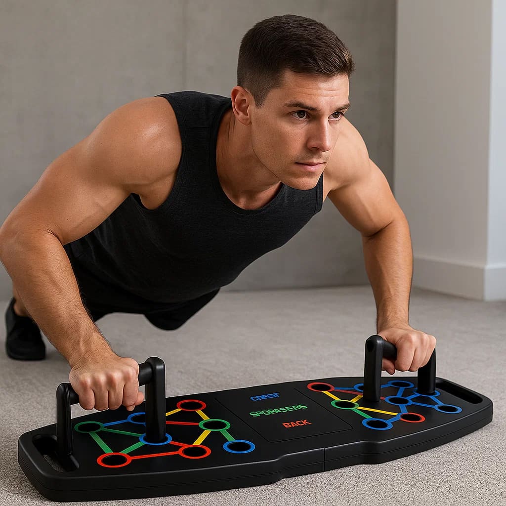 Mann macht Liegestütze mit Medivita RückenHelfer im Fitnessbereich für eine verbesserte Körperhaltung.