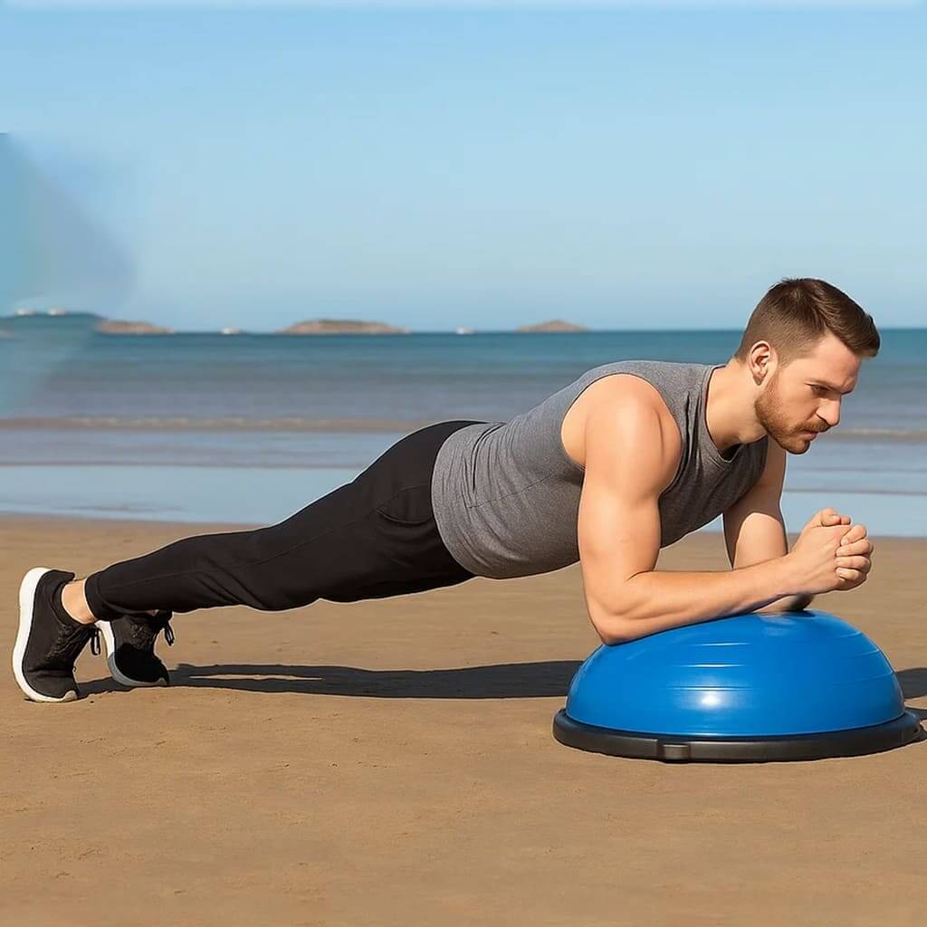 Mann macht Planke auf Medivita BalanceKern an einem Strand für funktionelles Training und Stabilität.