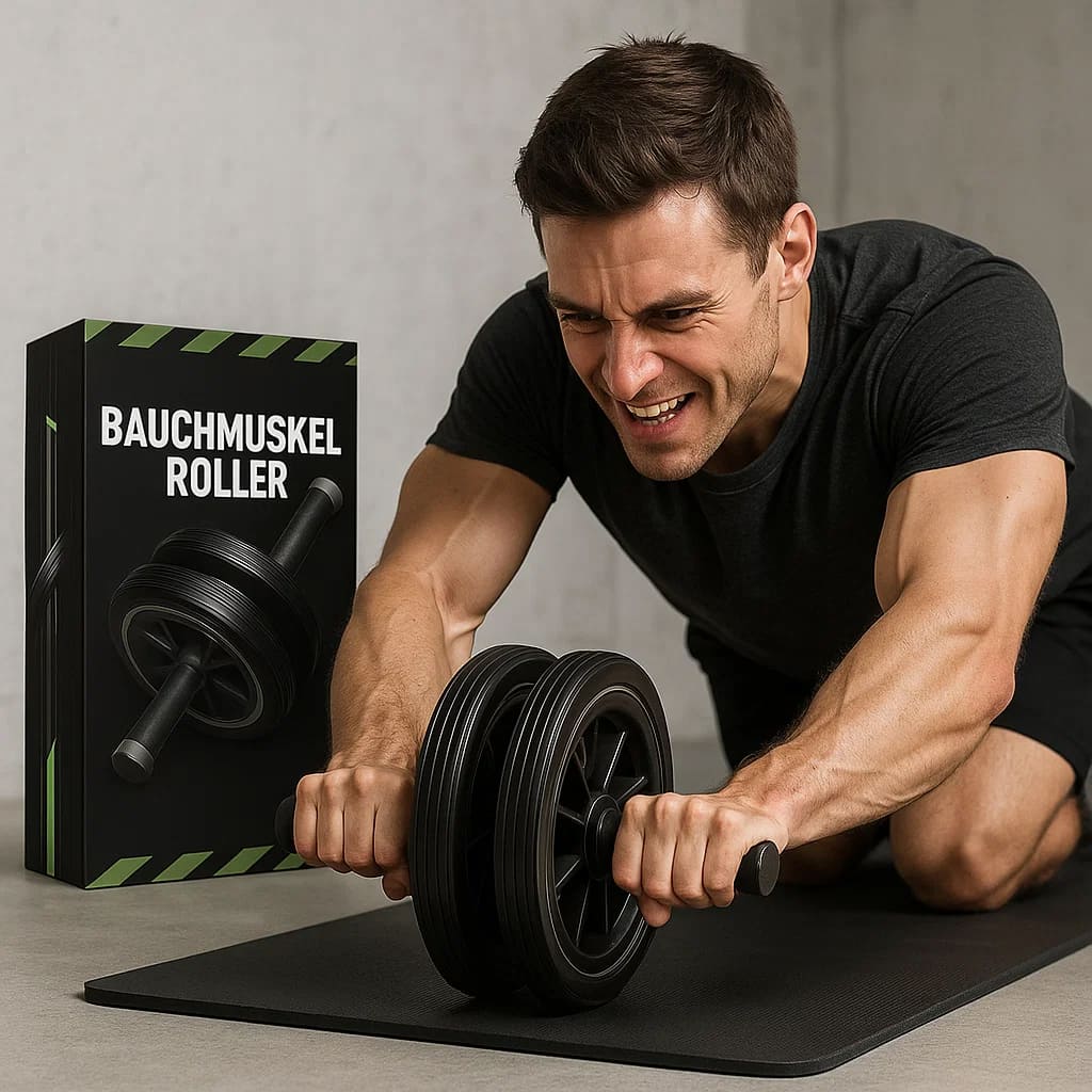 Mann trainiert mit Medivita Bauchmuskel Roller auf einer Matte, Box im Hintergrund.