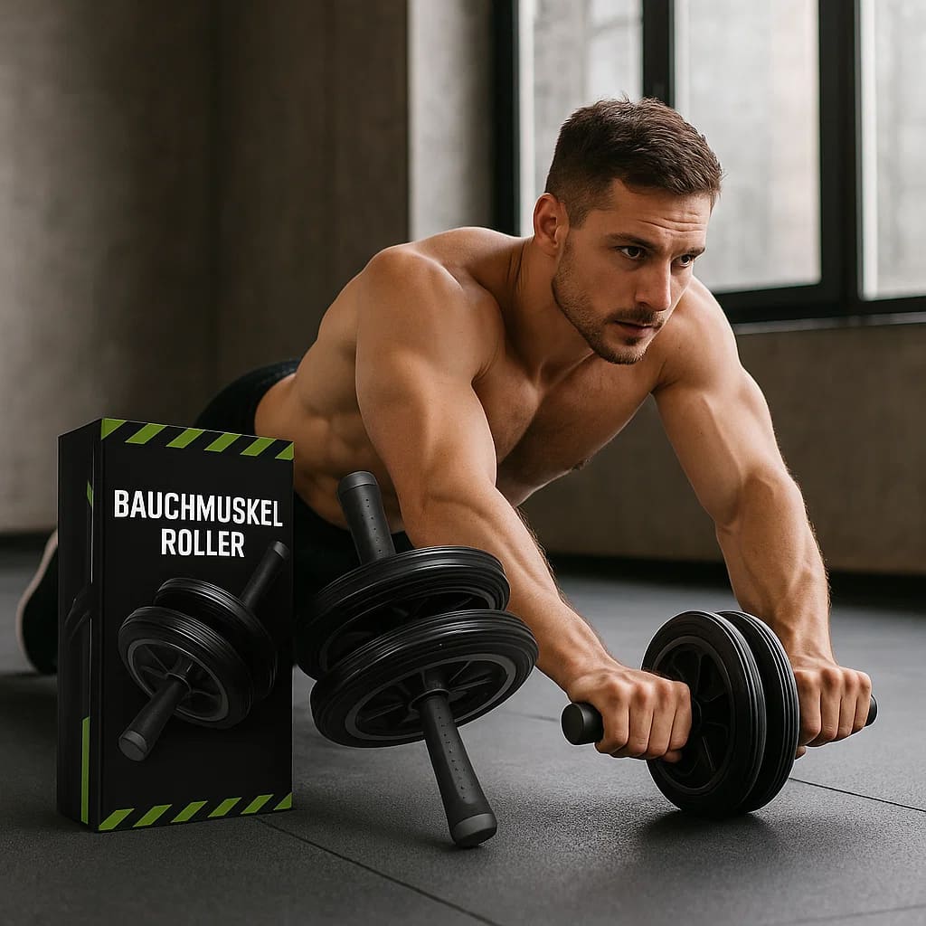 Mann trainiert mit Medivita Bauchmuskel Roller für starke Core-Muskeln in einem modernen Fitnessraum.