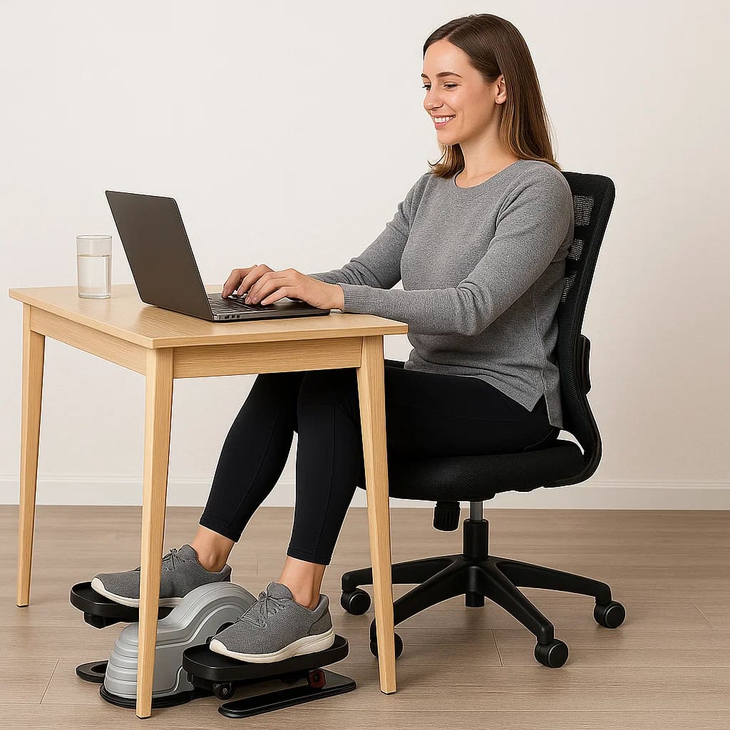 Frau nutzt Medivita BewegFit Bewegungstrainer am Schreibtisch für aktives Sitzen und Fitness.
