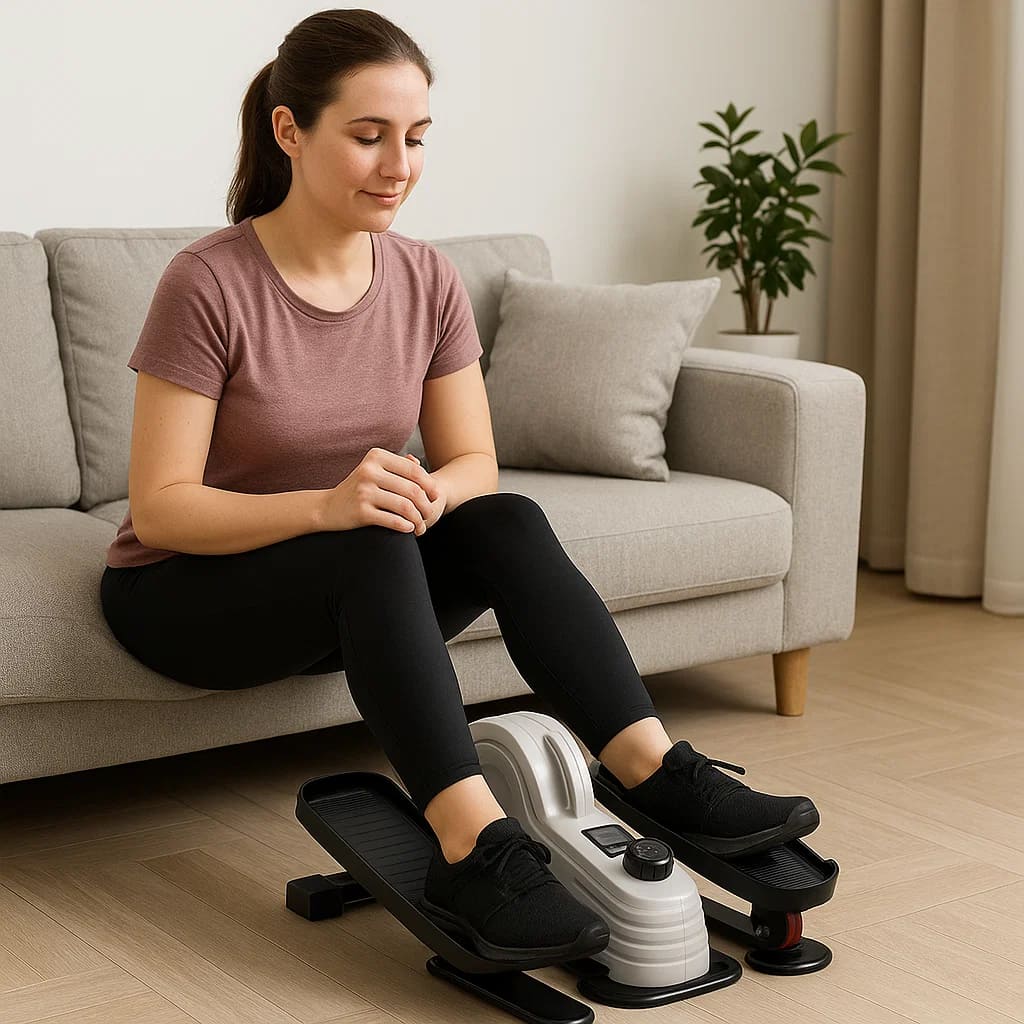 Medivita BewegFit – Frau nutzt Bewegungstrainer im Wohnzimmer für sanftes Training während des Sitzens.