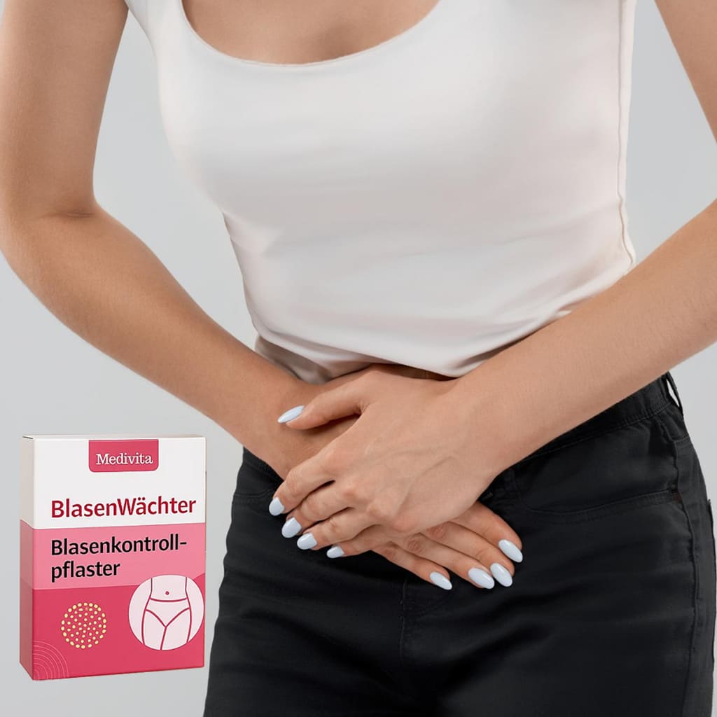 Person holding abdomen next to Medivita BlasenWächter packaging, promoting bladder health and infection reduction.