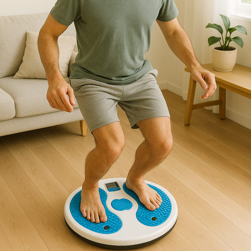 Mann steht auf dem Medivita DrehFit-Board und trainiert für eine starke Taille und mehr Beweglichkeit.