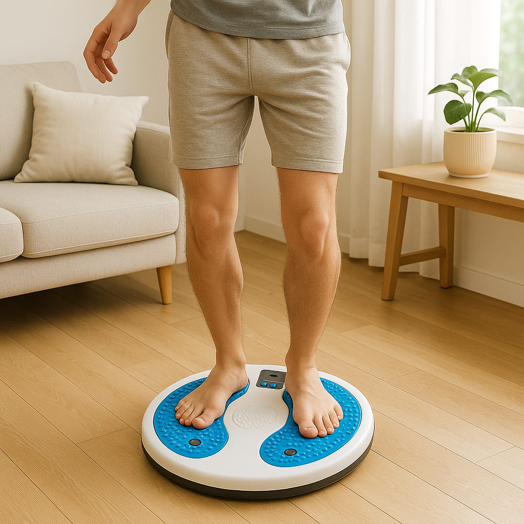 Mann steht auf dem Medivita DrehFit-Board für Bauch- und Rückentraining