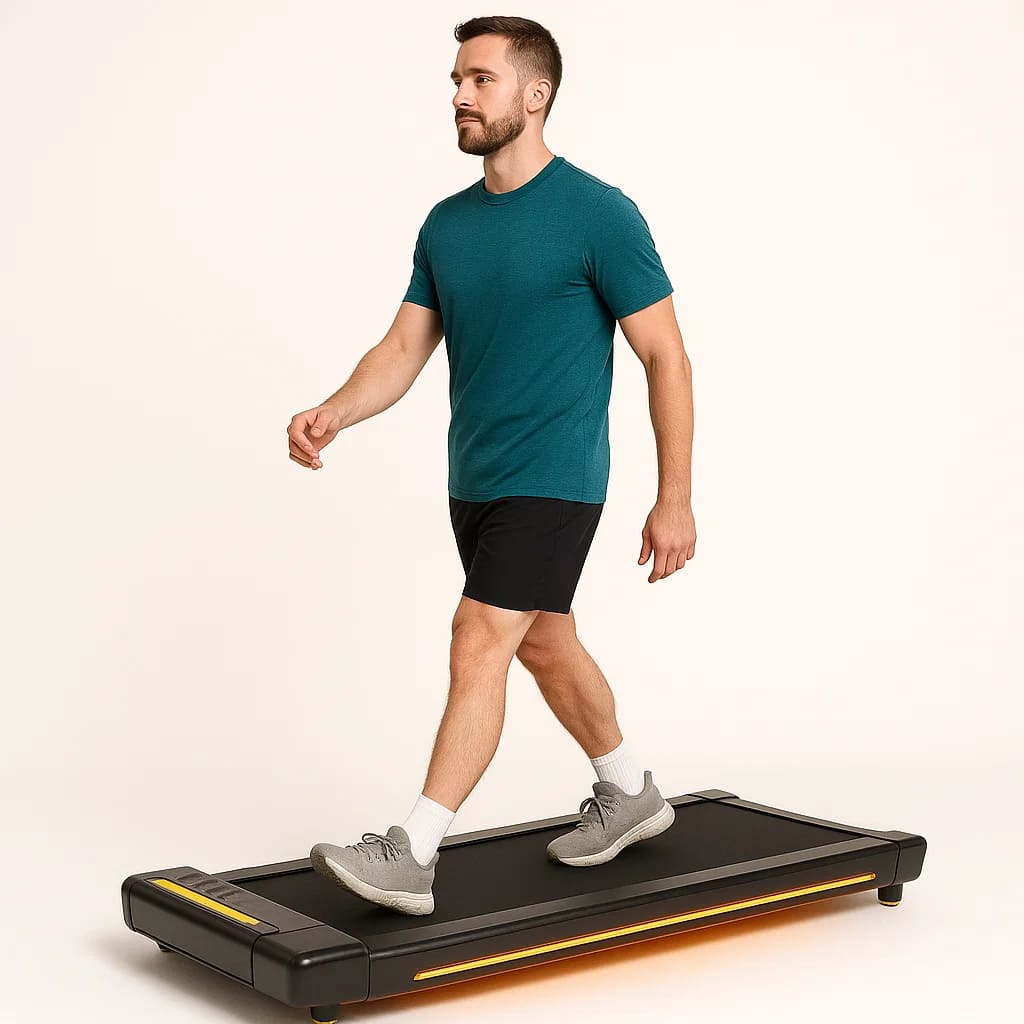 Medivita GehAktiv in Anwendung – Mann geht auf dem ultraflachen Walking Pad für aktiveren Alltag.