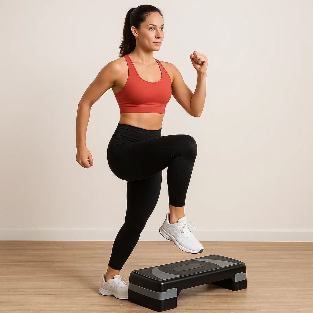 Frau trainiert auf dem Medivita HöhenStep mit verstellbarem Step-Board für effektivesWorkout.