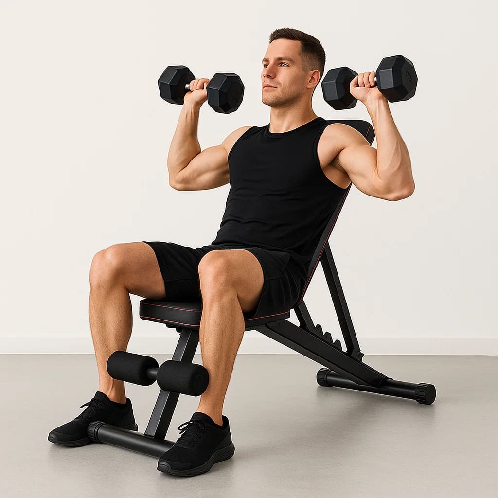 Mann mit zwei Hanteln, der auf der Medivita KraftBank trainiert, ideal für Muskelaufbau und Krafttraining.