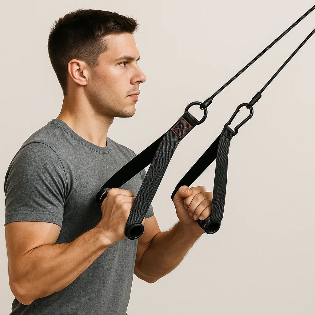Mann trainiert mit Medivita KraftGriff Pro, Universalgriffen für Krafttraining und optimalen Grip.