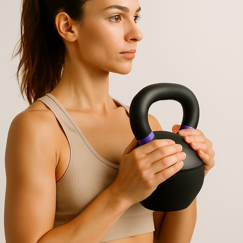Frau hält Medivita KraftKugel für funktionelles Training und Ganzkörperfitness.