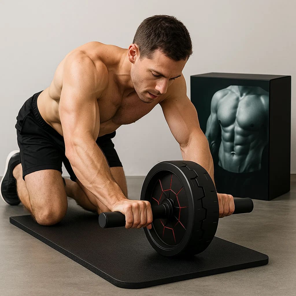Mann mit Medivita KraftRolle für Bauch- und Core-Workout auf einer Übungsmatte.
