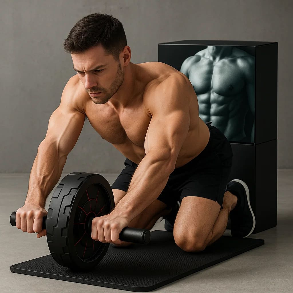 Mann mit Medivita KraftRolle auf einer Trainingsmatte, fokussiert auf Bauch- und Core-Workout.