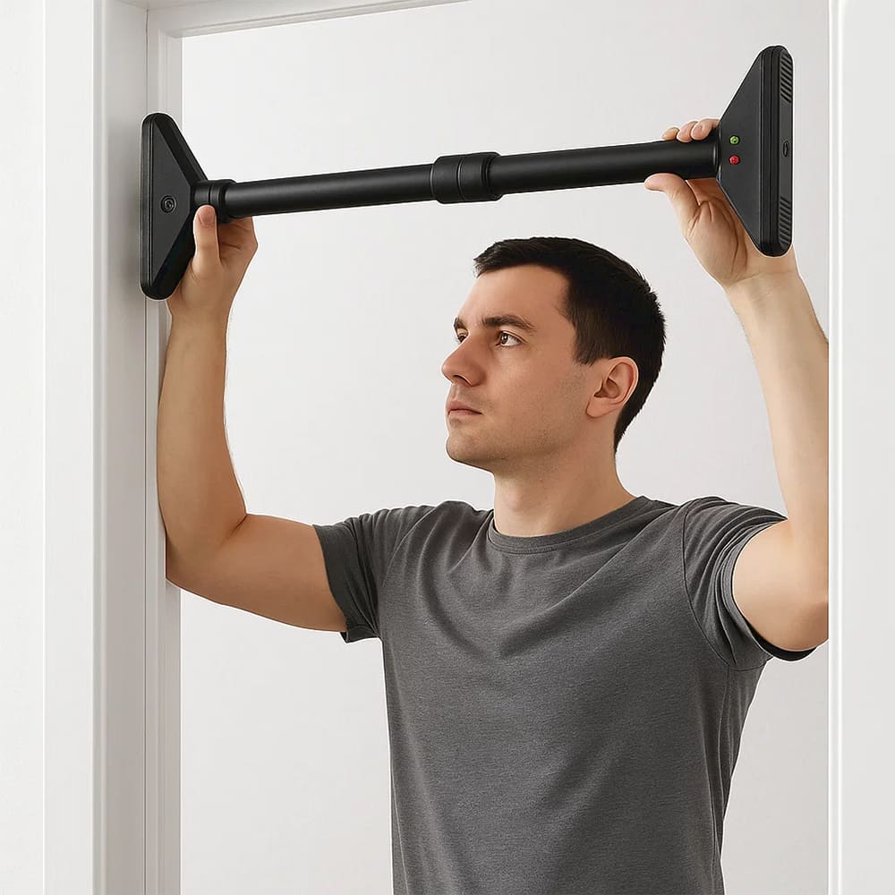 Mann montiert Medivita KraftStange Pro in einem Türrahmen für effektives Krafttraining zuhause.