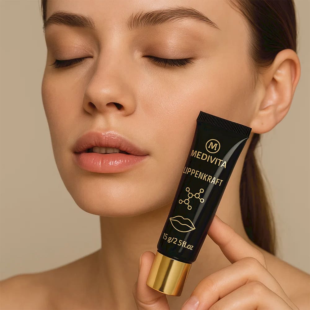 Woman holding Medivita Lippenkraft tube, showcasing lip plumping product with hyaluronic acid and vitamin E benefits.