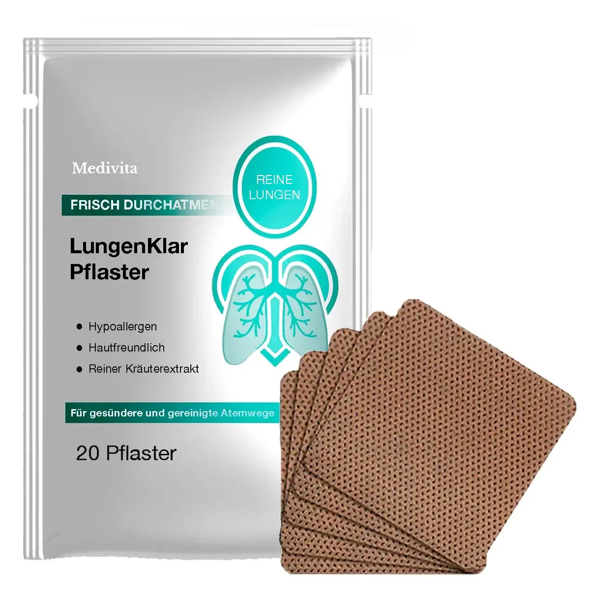 LungenKlar Pflaster pack with five patches for healthy breathing and natural herbal extracts.