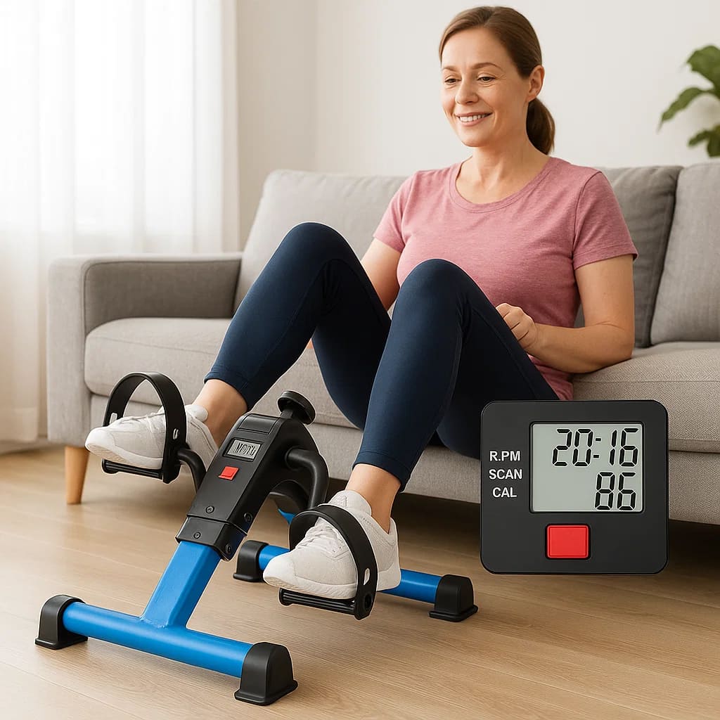 Frau benutzt das Medivita FlexBänder Set für ein Workout in ihrem Wohnzimmer.