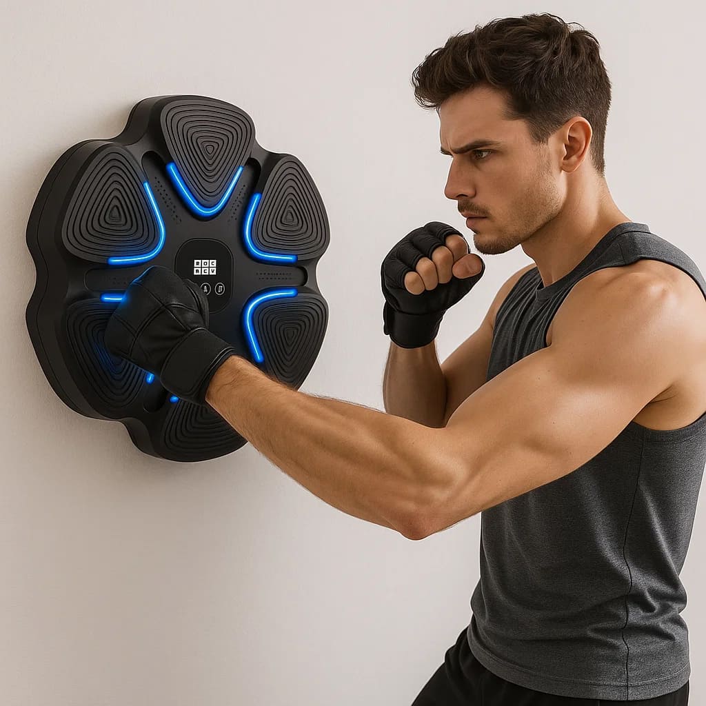 Medivita Reaktio in use by a man training with smart LED targets for reflex and striking improvement.