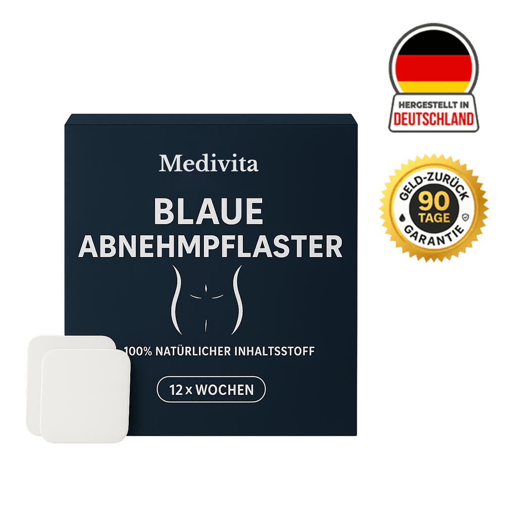 MediVita Blaue Abnehmpflaster with 90-day money-back guarantee and German quality seal.