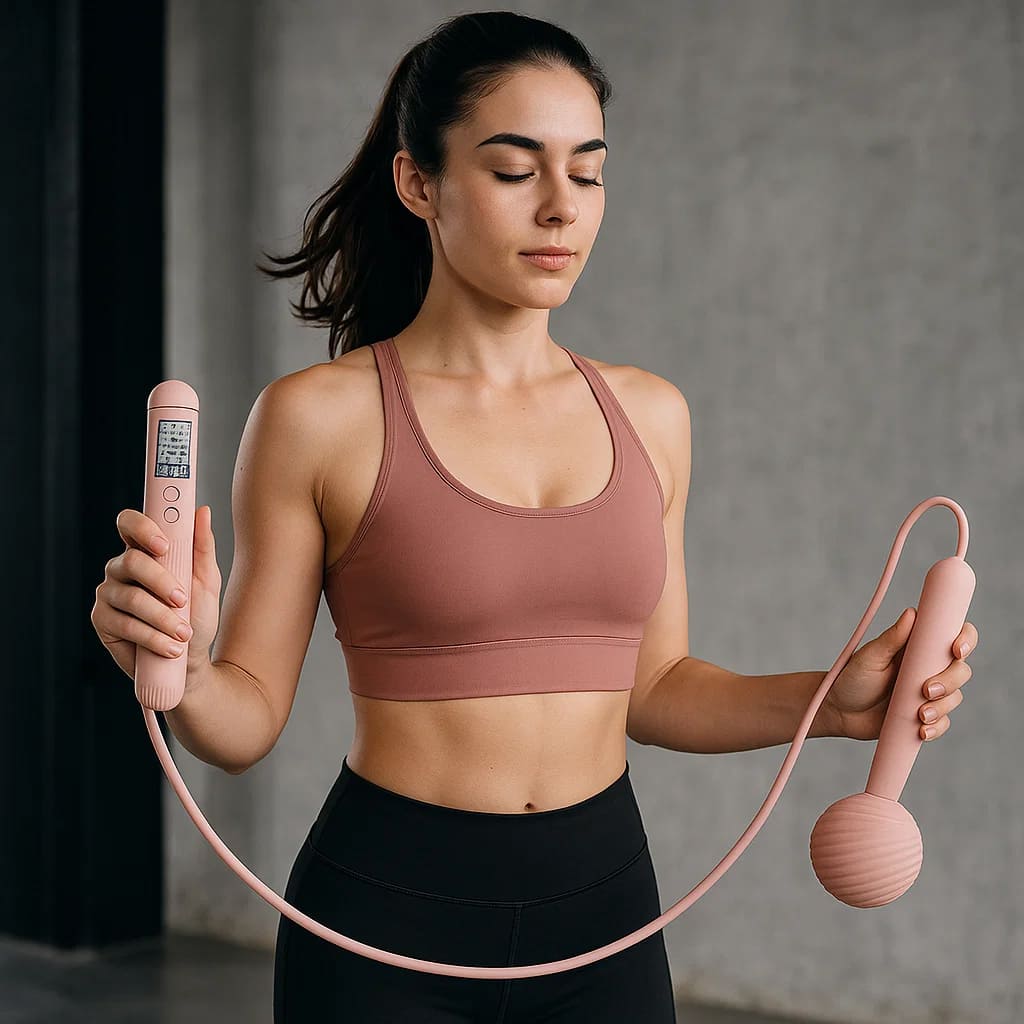 Frau mit Medivita SpringFit Pro Kabelloses Springseil, bereit für ein effektives Workout.