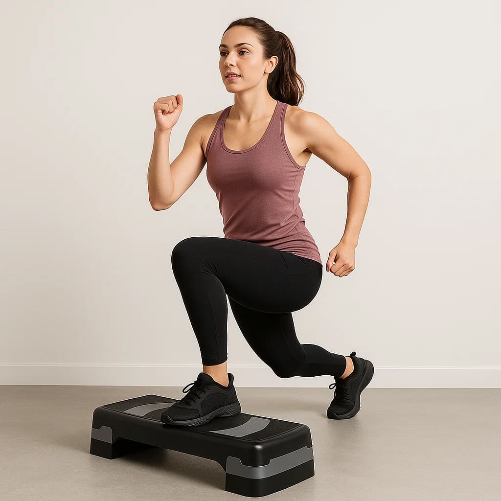 Frau macht Lunges auf dem Medivita HöhenStep, einem verstellbaren Step-Board für effektives Training.