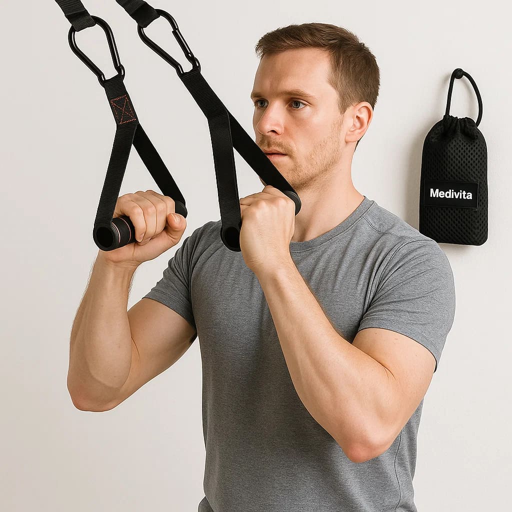 Mann verwendet Medivita KraftGriff Pro für effektives Krafttraining mit Widerstandsbänder.