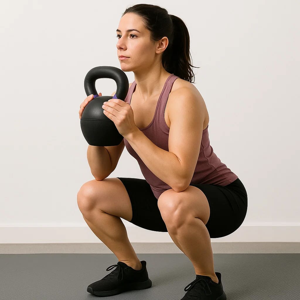 Frau in Squat-Position mit Medivita KraftKugel für effektives Ganzkörpertraining.