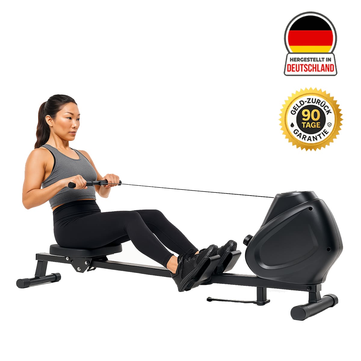 Frau trainiert mit Medivita RuderKraft Rudergerät für effektives Ganzkörpertraining zuhause.
