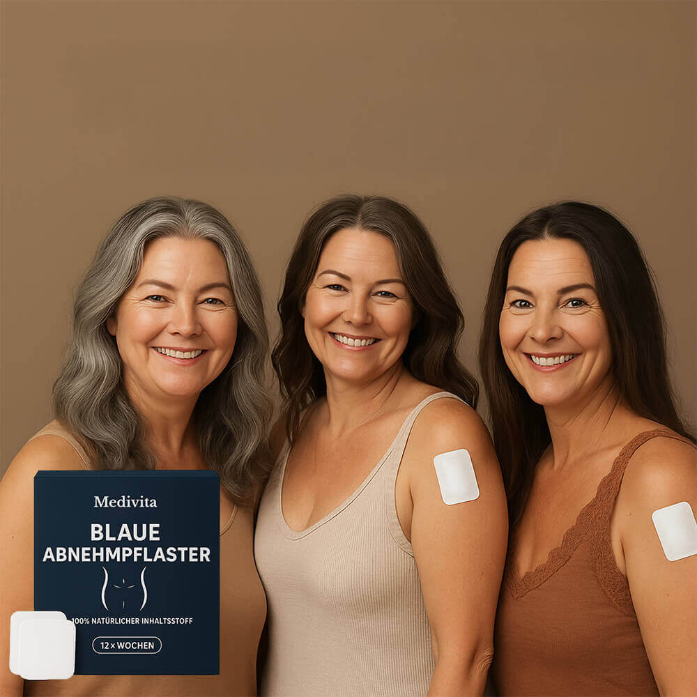 Three women smiling with MediVita SchlankPflaster patches on their arms, promoting easy weight loss and effective fat burning.