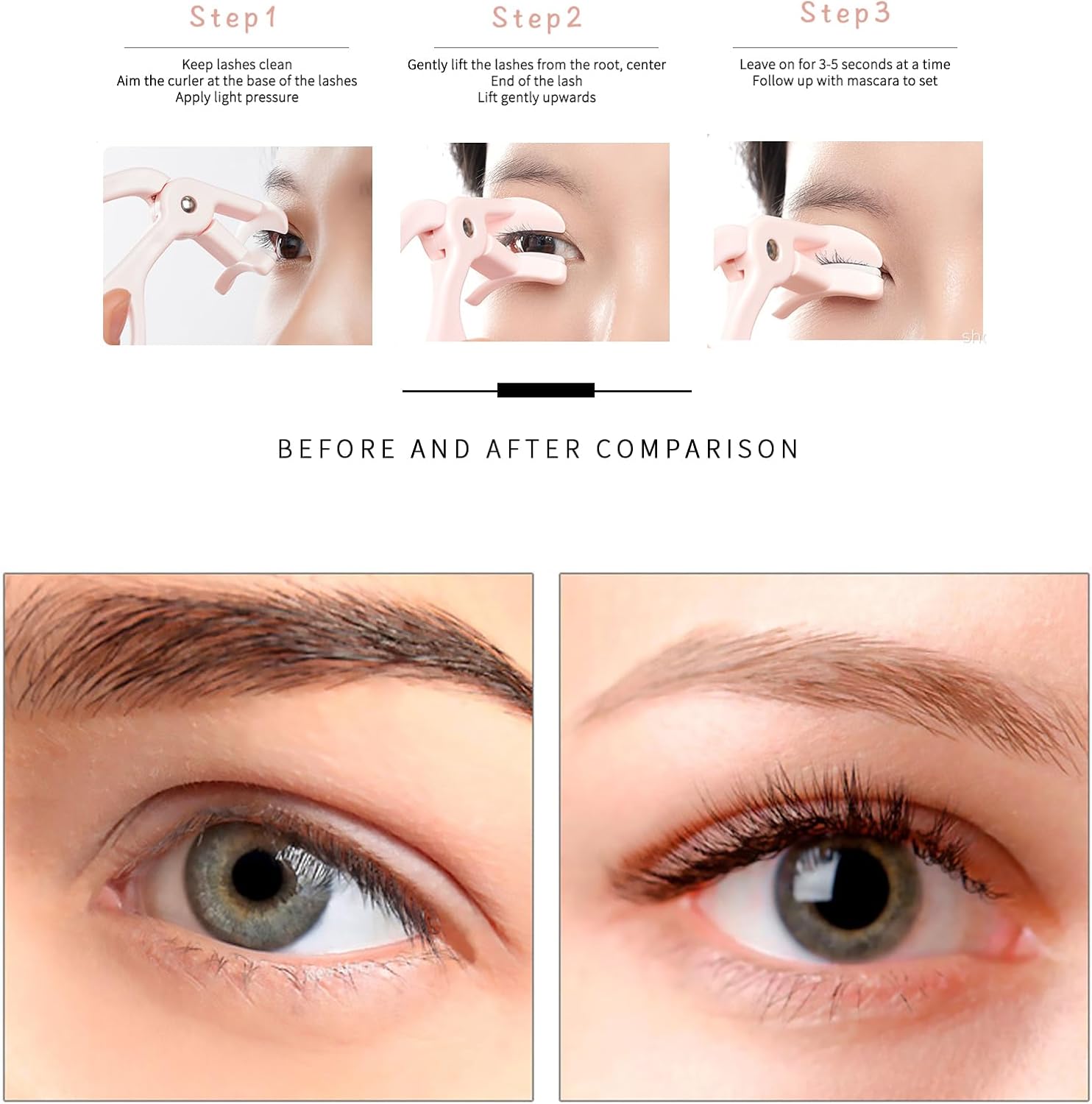 Medivita Wimpernzange mit Ersatz-Silikonpads Anwendungsschritte und Ergebnisse im Vorher-Nachher Vergleich