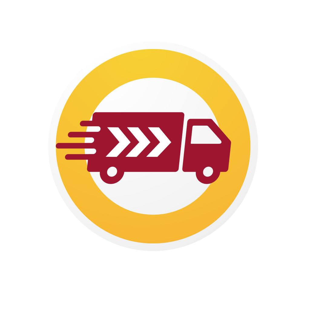 Symbol für Prioritätsversand mit einem schnellen Lieferwagen auf gelbem Hintergrund.