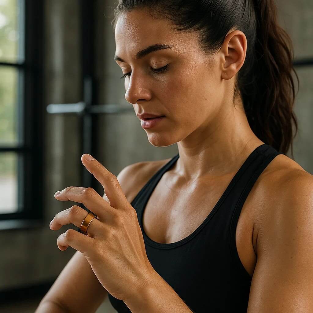 Medivita PulsTrack in use by a woman monitoring her health and wellness during an indoor workout.