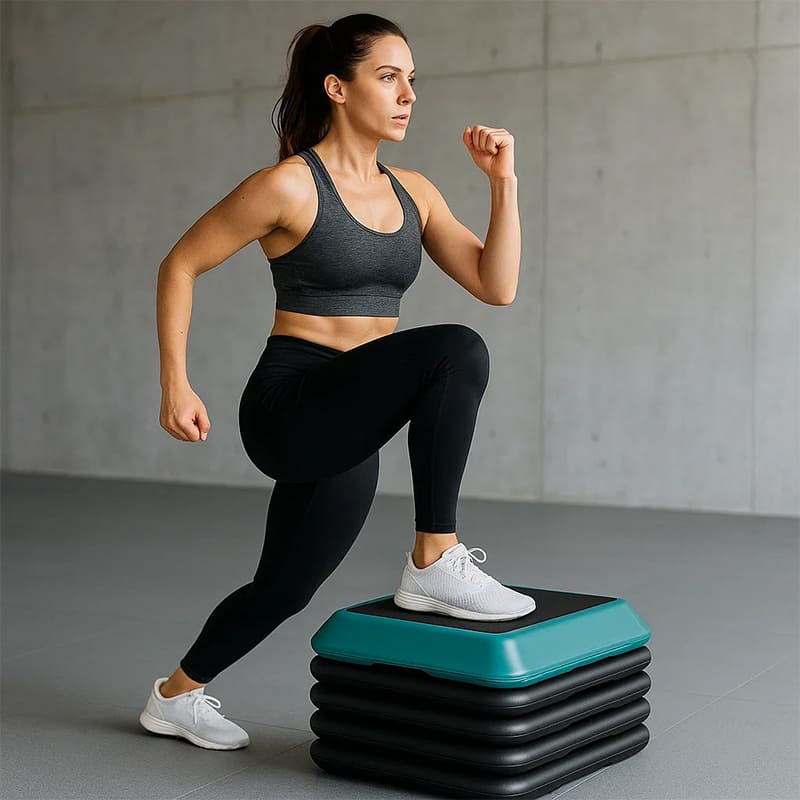 Frau trainiert mit der Medivita CardioStufe für effektives Ganzkörpertraining und Cardiotraining.