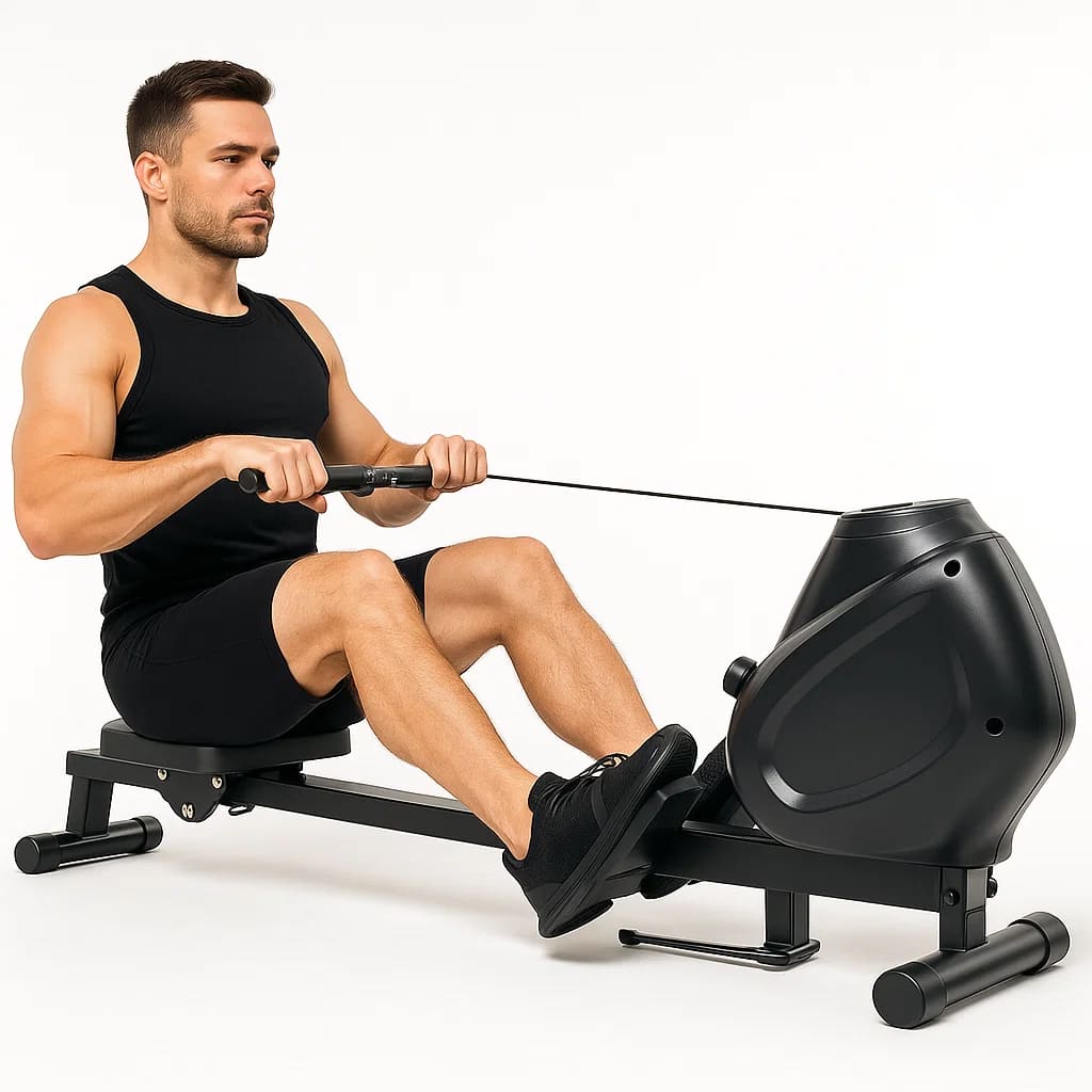 Mann beim Training mit Medivita RuderKraft, einem kompakten Rudergerät für ganzkörperliches Workout zu Hause.