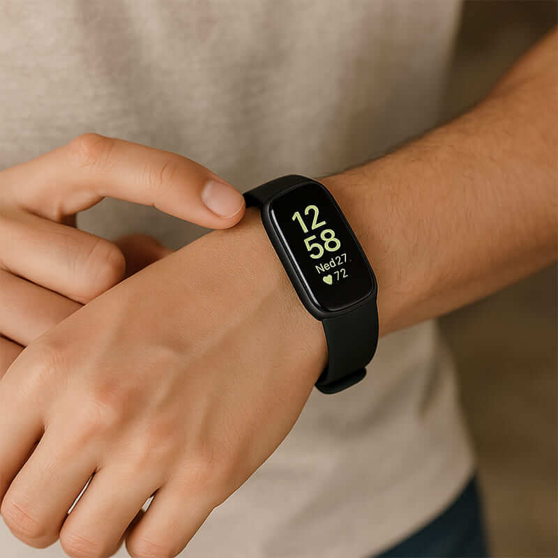 Medivita VitalBand on wrist displaying health and fitness metrics in a sleek design.